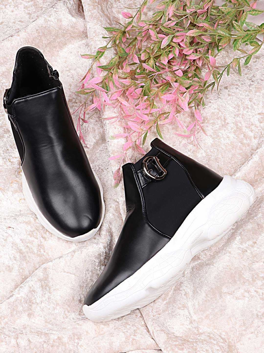 Shoetopia Women Black Flatform Heeled Boots with Buckles Price in India