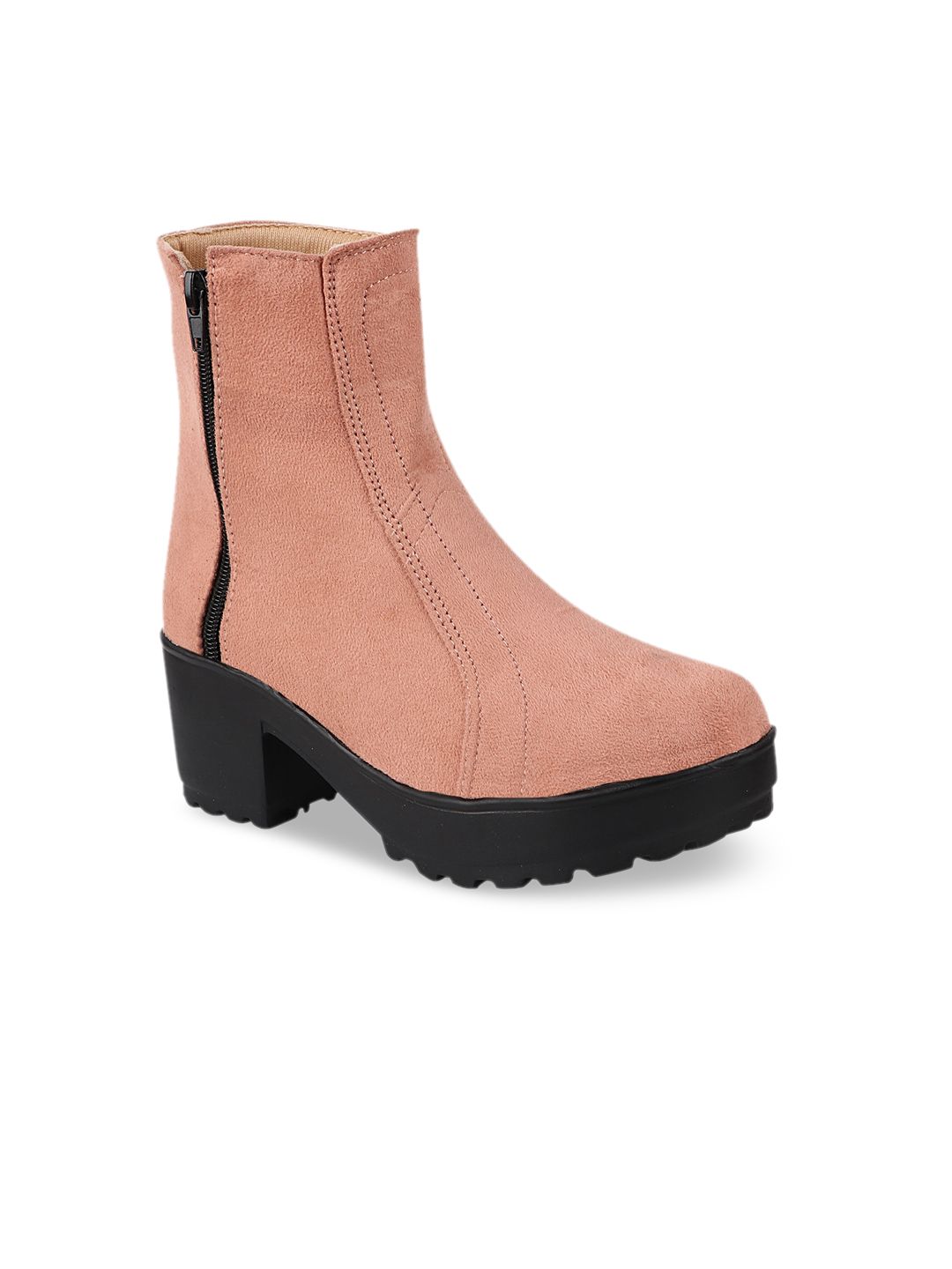 Shoetopia Women Peach-Coloured Suede High-Top Block Heeled Boots Price in India