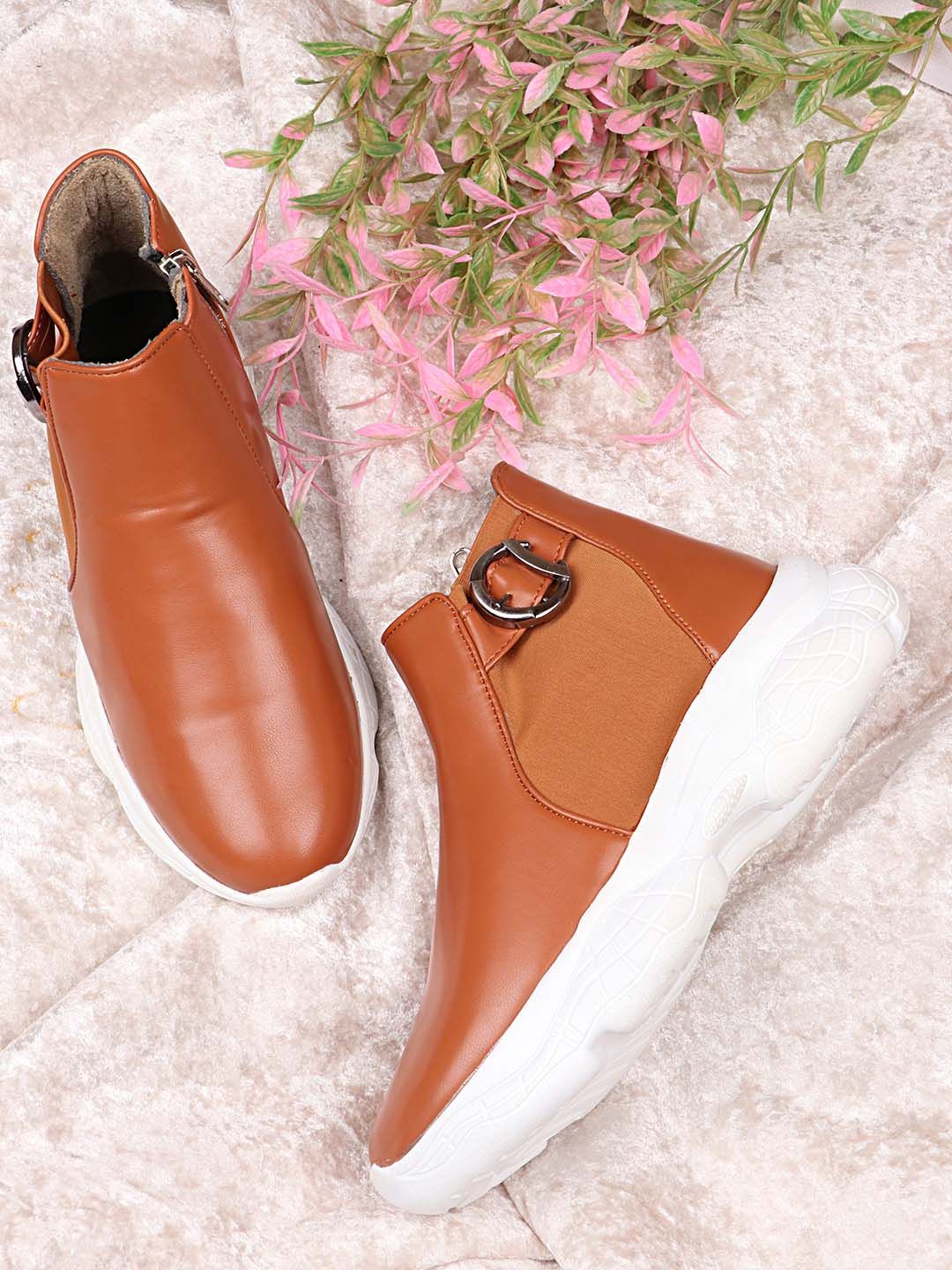 Shoetopia Women Tan Brown Flatform Heeled Boots with Buckles Price in India