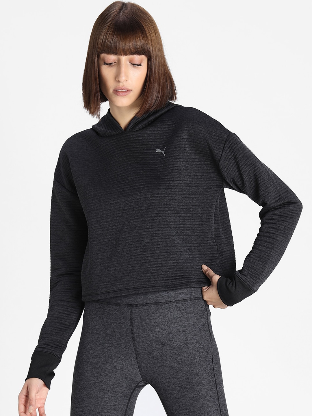 Puma Women Black Striped Hooded Yoga Sweatshirt Price in India