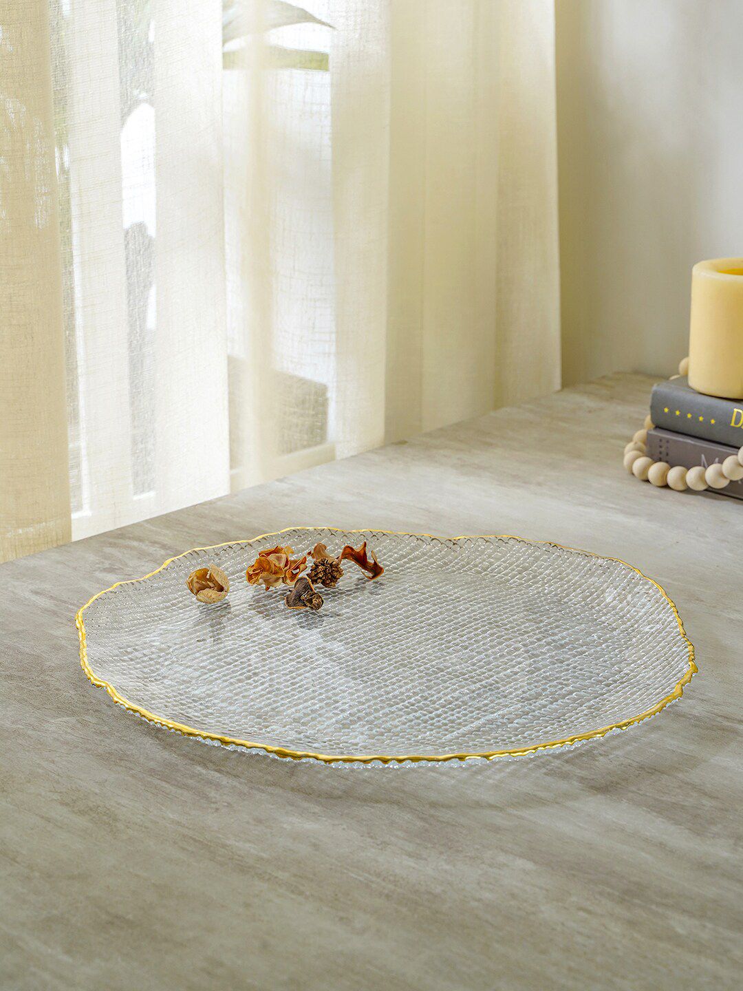Pure Home and Living Transparent & Gold -Toned Handcrafted Clear Halo Charger Plate Price in India
