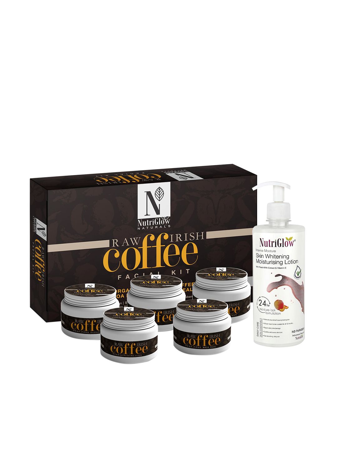 NutriGlow Naturals Raw Irish Coffee Facial Kit 250g+10ml Skin Whitening Lotion 500ml