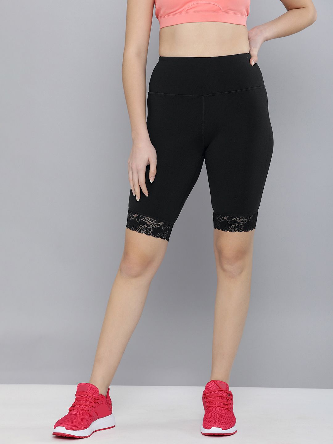 Skechers Women Black Solid High-Rise Lace Bike Short Price in India