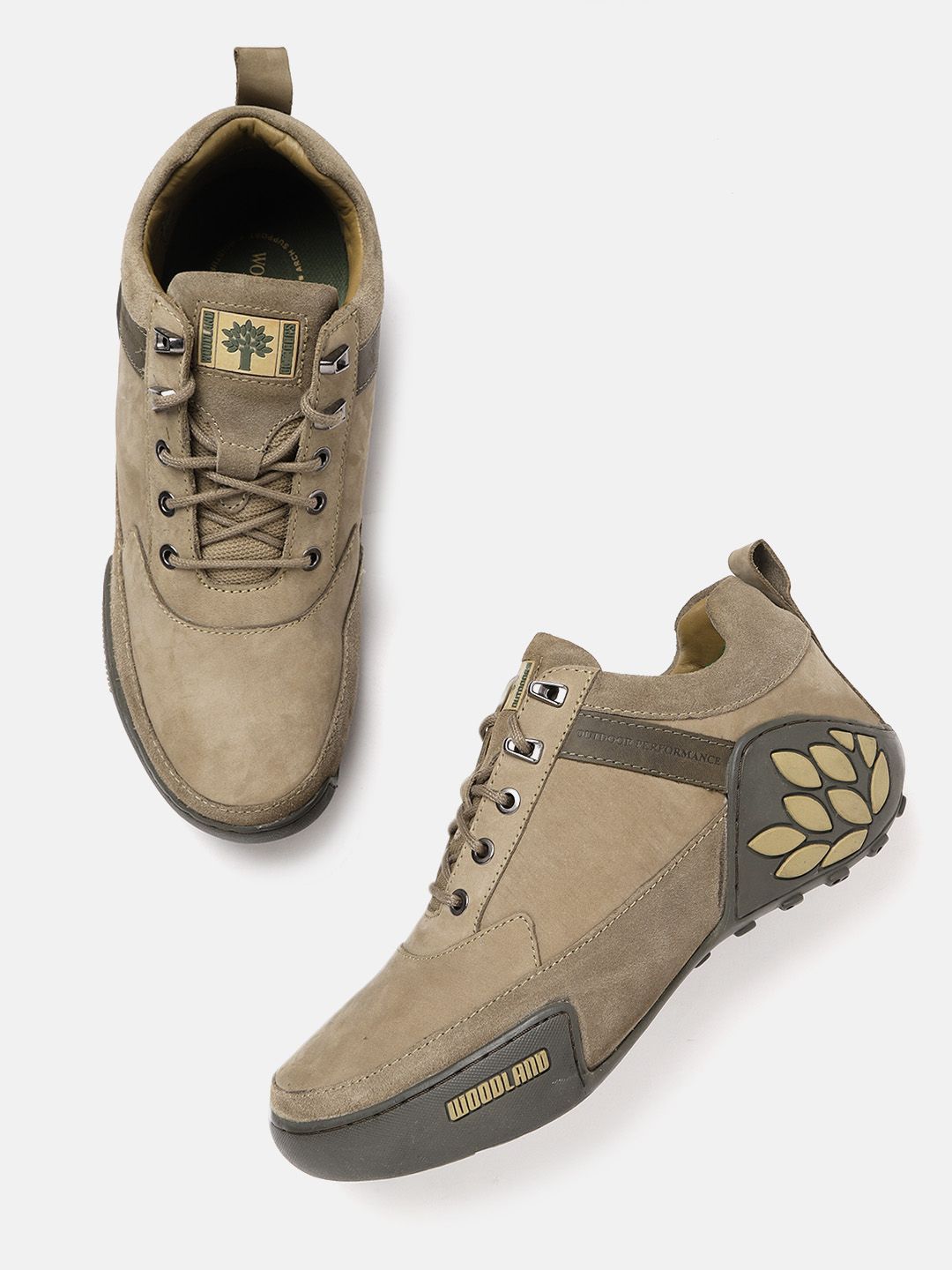 Woodland Woodland Men Olive Green Solid Leather Sneakers with Striped Detail