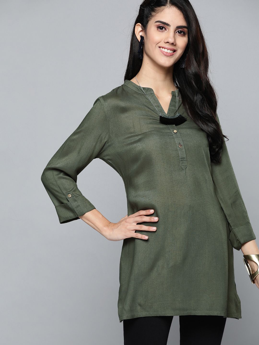 HERE&NOW Women Olive Green Solid Kurti Price in India