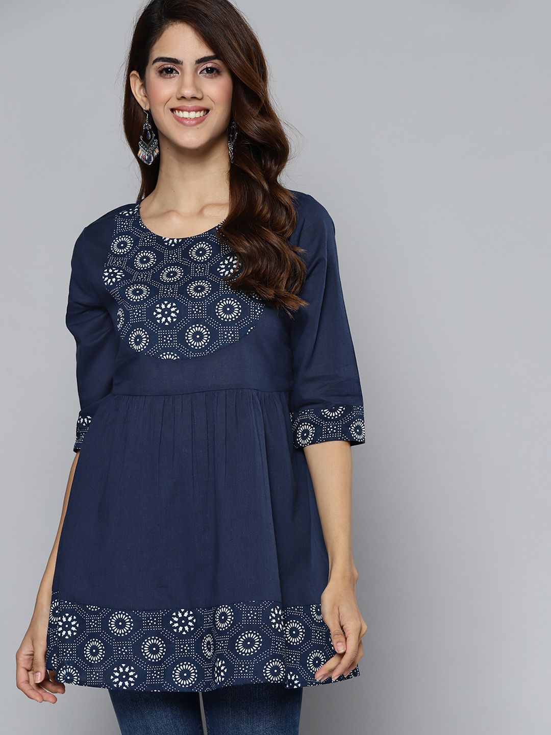 HERE&NOW Women Navy Blue & White Ethnic Motifs Printed Pure Cotton Empire Kurti Price in India