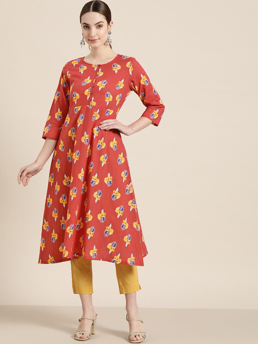 Moda Rapido Women Red & Yellow Pure Cotton Floral Print A-Line Kurta Price in India