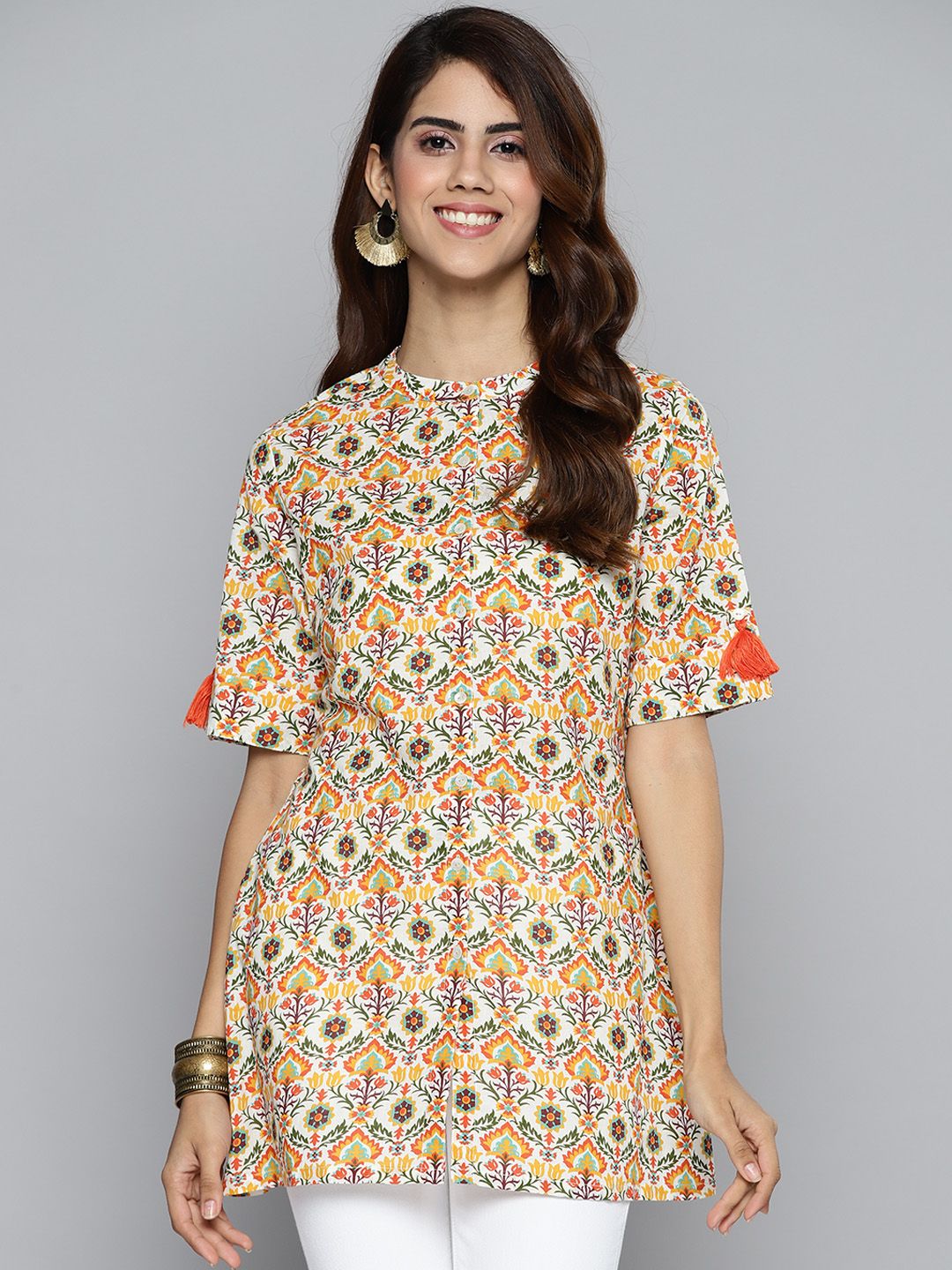 HERE&NOW Women Beige & Orange Ethnic Motifs Printed Pure Cotton Empire Kurti Price in India