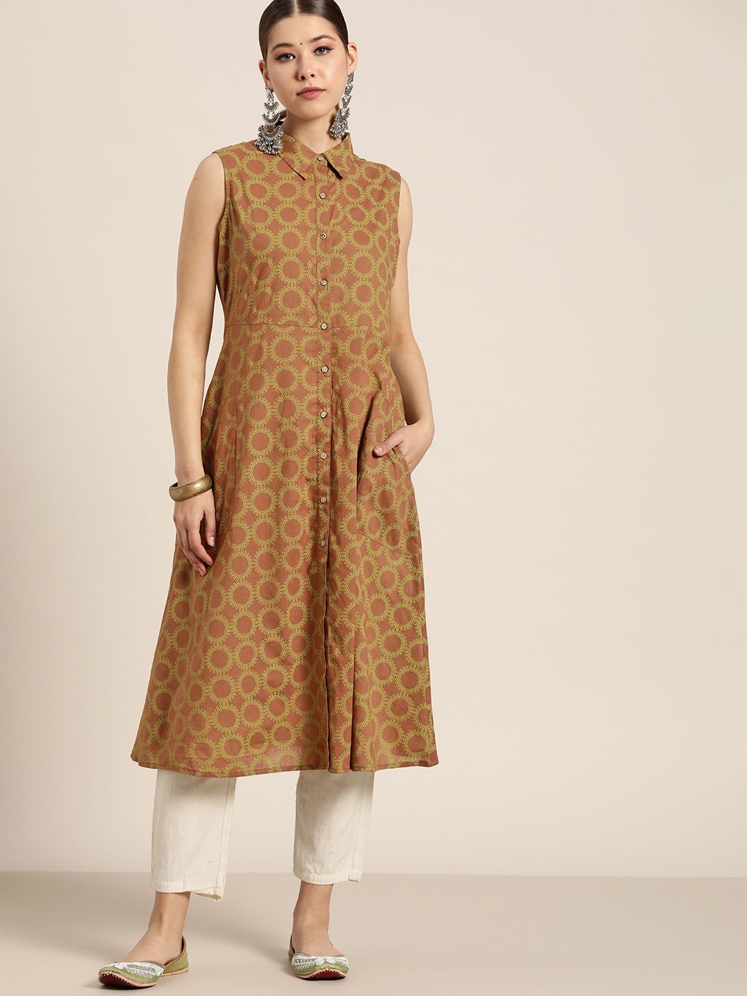 Moda Rapido Women Brown & Green Ethnic Motifs Printed Pure Cotton A-Line Kurta Price in India