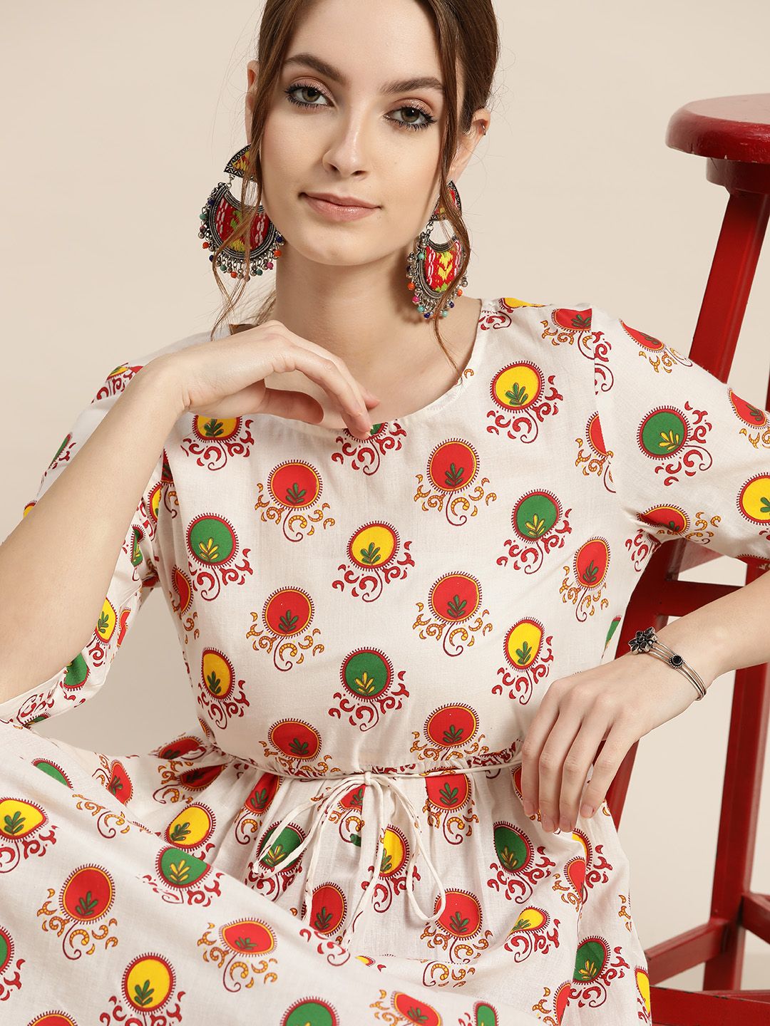 Moda Rapido Women White & Red Pure Cotton Ethnic Motifs Printed A-Line Kurta Price in India