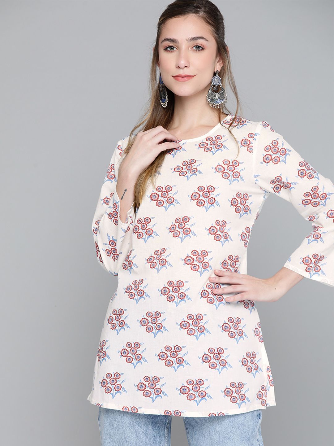 HERE&NOW White & Pink Ethnic Motifs Printed Pure Cotton Kurti Price in India