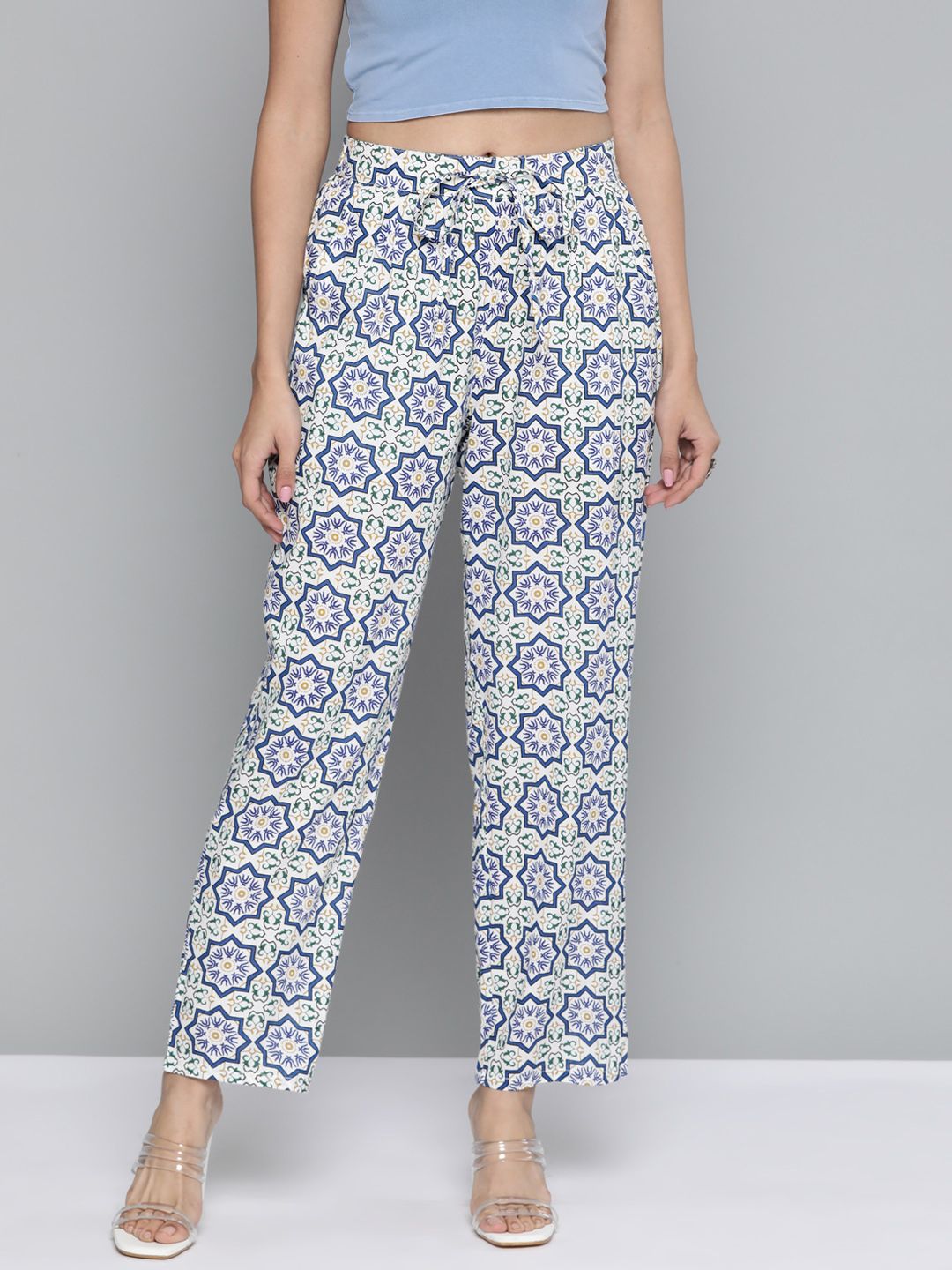 HERE&NOW Women Blue & White Ethnic Motifs Printed Trousers Price in India