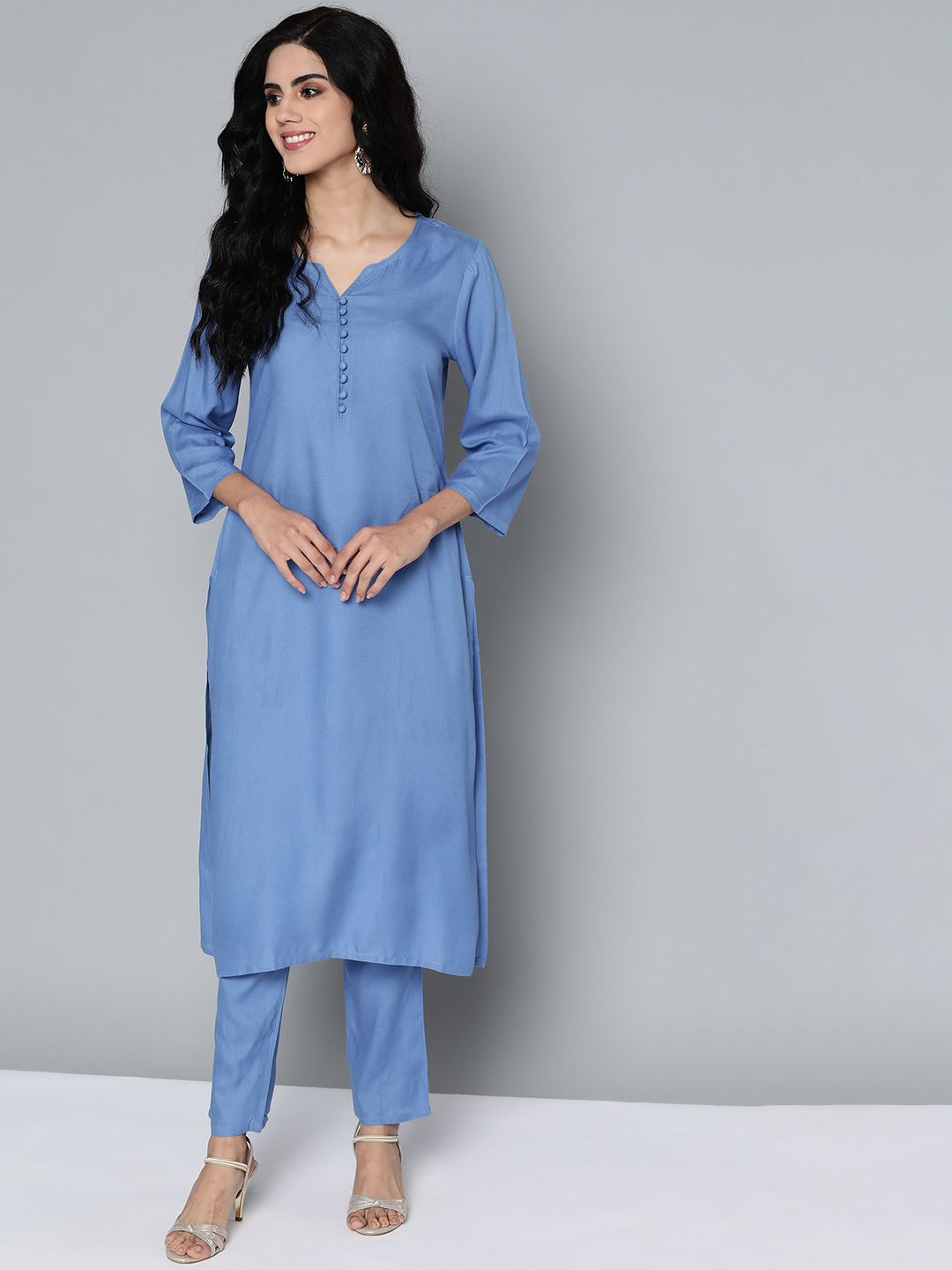 HERE&NOW Women Blue Solid Kurta with Trousers