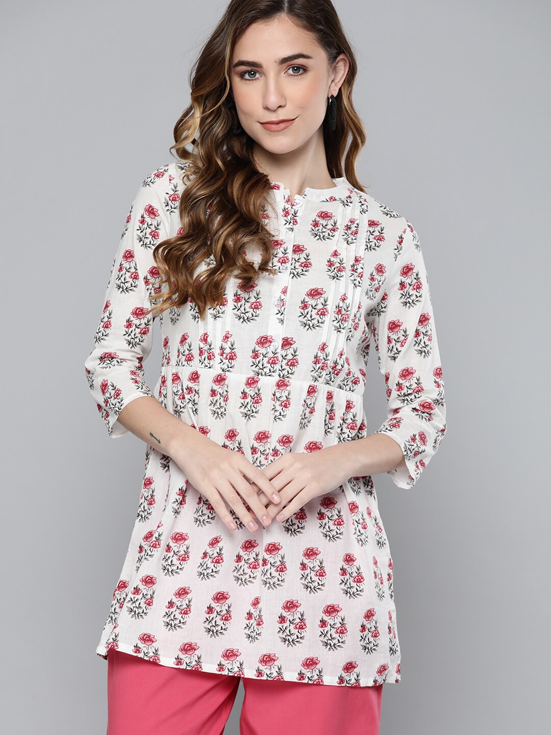 HERE&NOW White & Red Ethnic Motifs Print Pure Cotton Pleated Kurti Price in India