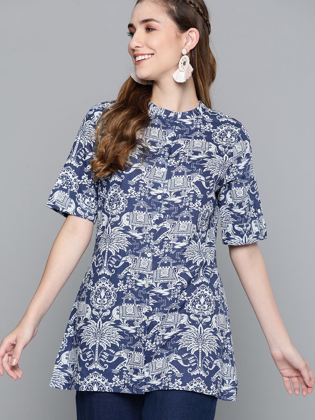 HERE&NOW Navy Blue & White Ethnic Motifs Printed Pure Cotton A-Line Kurti