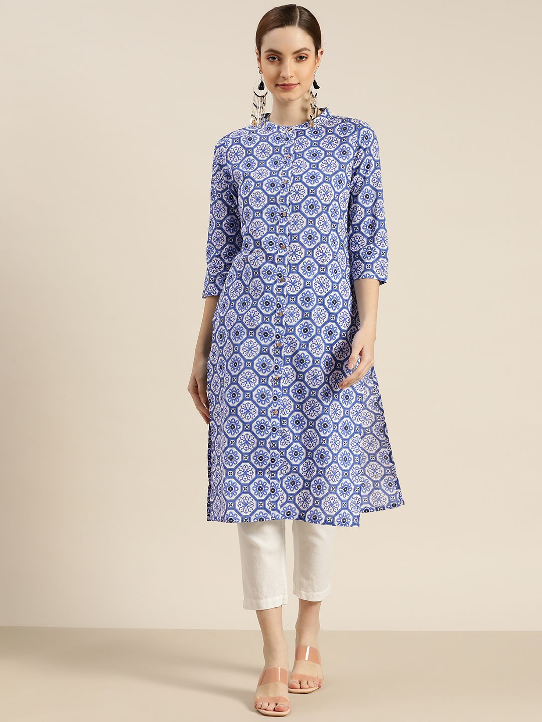 Moda Rapido Women White & Blue Ethnic Motifs Print Pure Cotton Straight Kurta Price in India