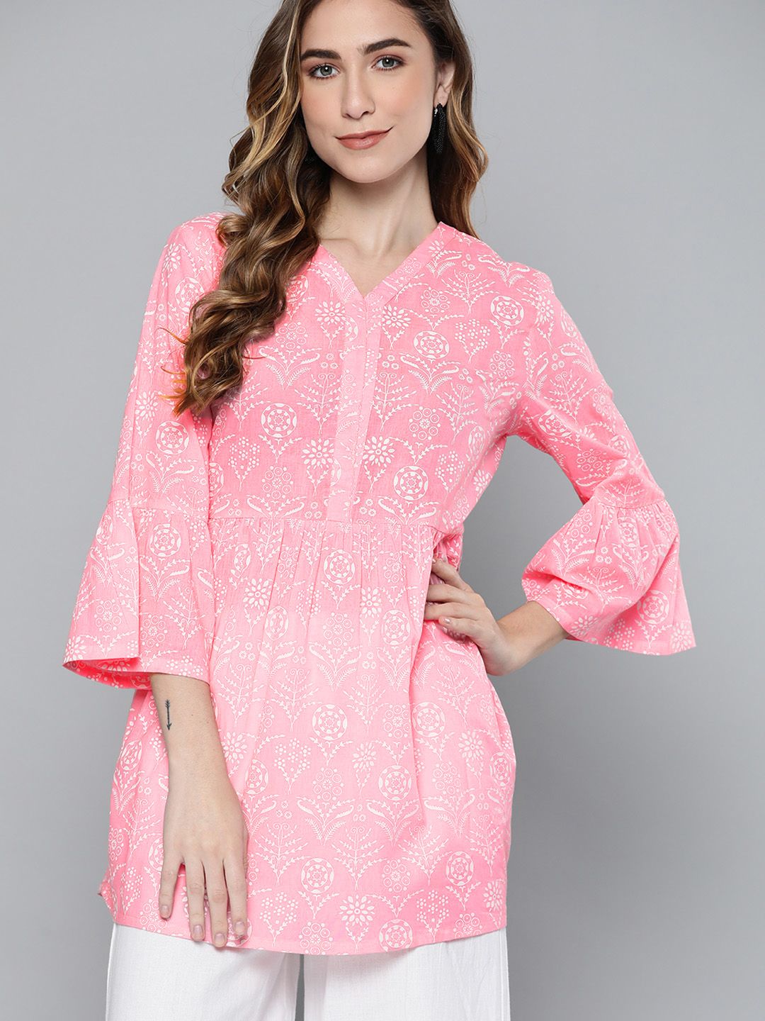 HERE&NOW Peach-Coloured & White Ethnic Motifs Printed V-Neck Pure Cotton Kurti Price in India