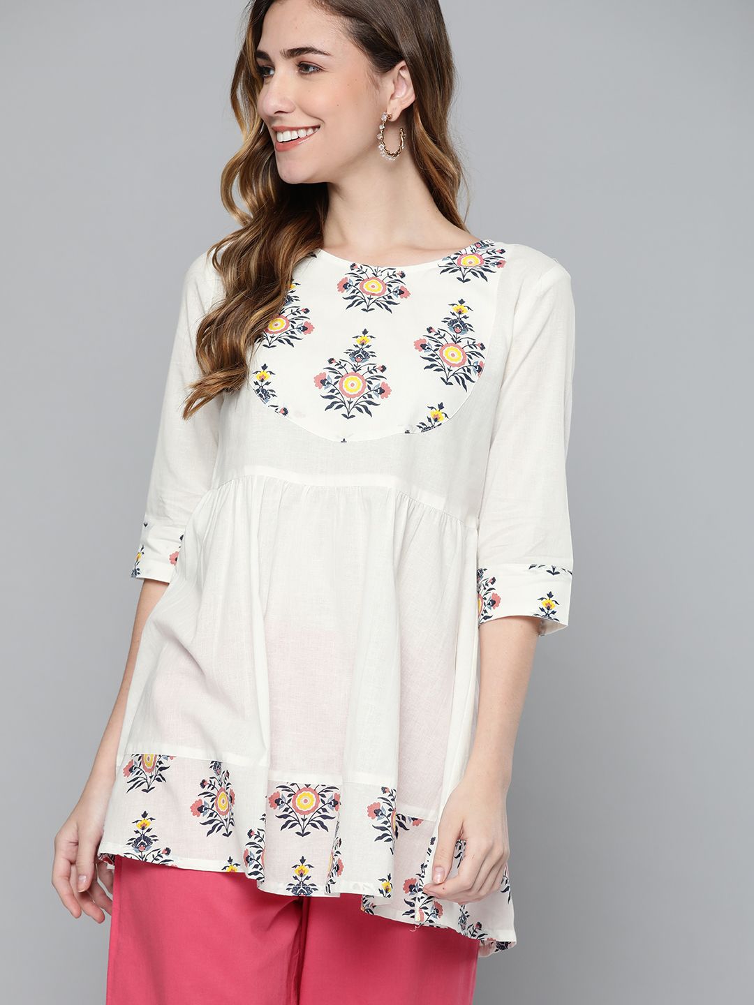 HERE&NOW White Pure Cotton Floral Print A-Line Kurti Price in India