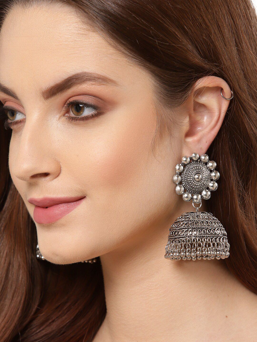 Shining Diva Silver-Toned Dome Shaped Oxidised Jhumkas Earrings Price in India