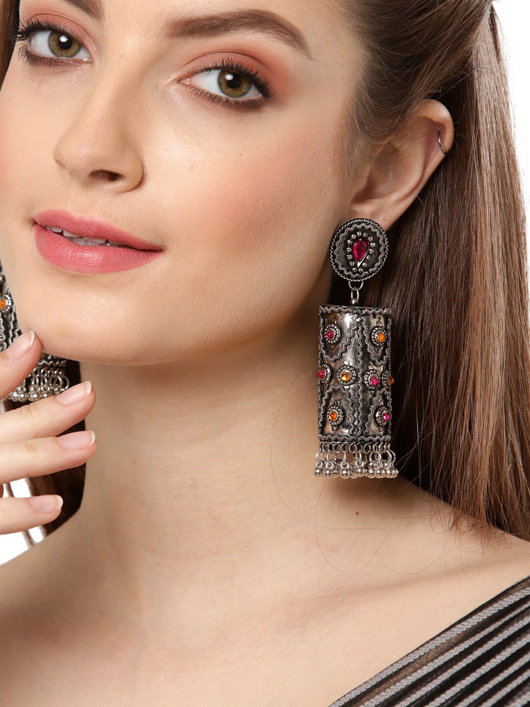 Shining Diva Silver-Plated Oxidised Contemporary Jhumkas Earrings Price in India