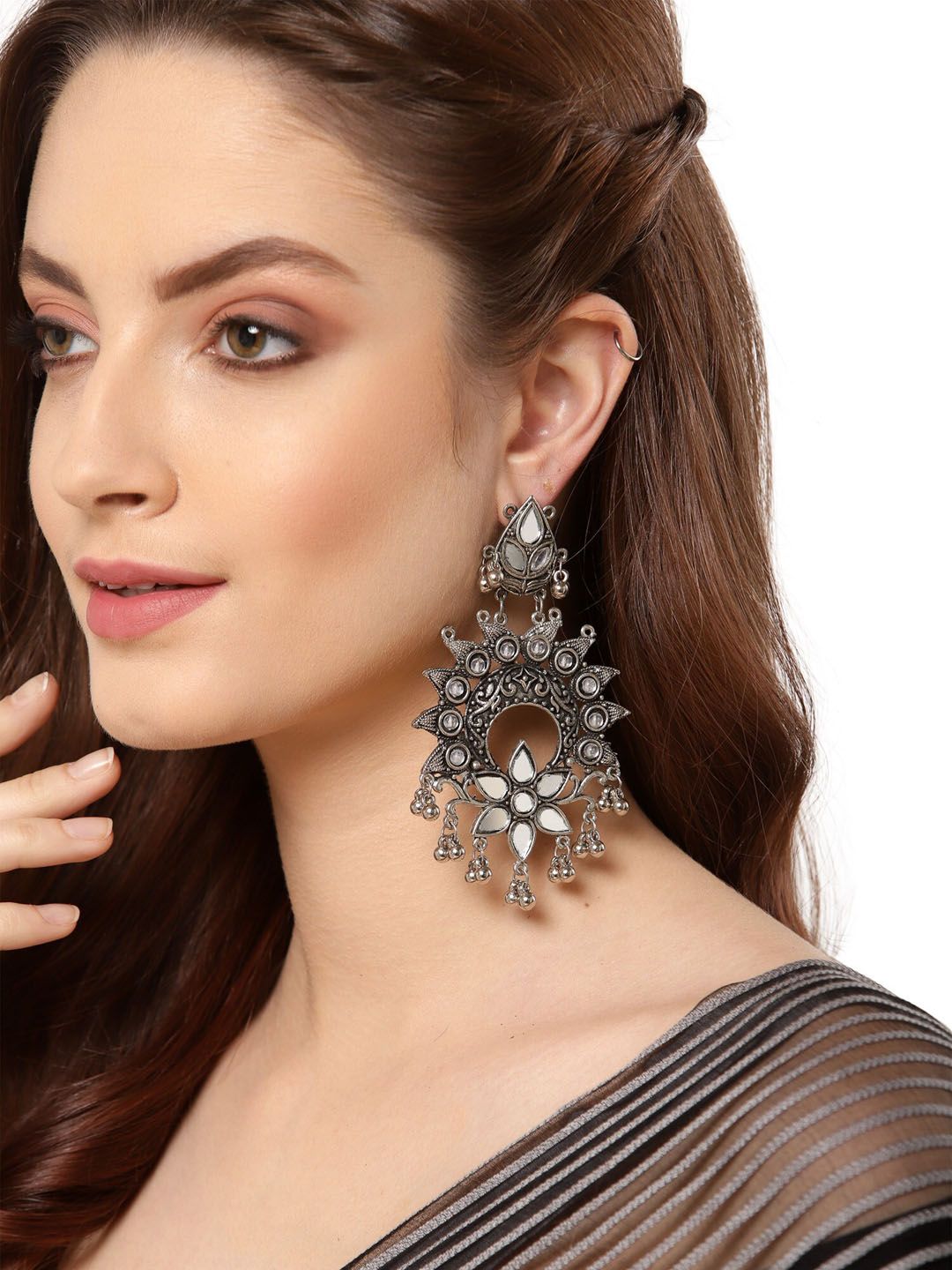 Shining Diva Silver-Toned Oxidised Contemporary Drop Earrings Price in India