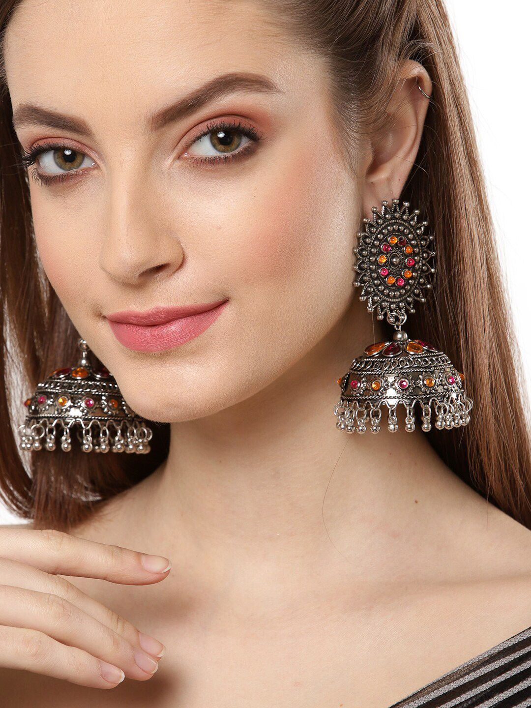 Shining Diva Silver-Toned Oxidised Dome Shaped Jhumkas Earrings Price in India