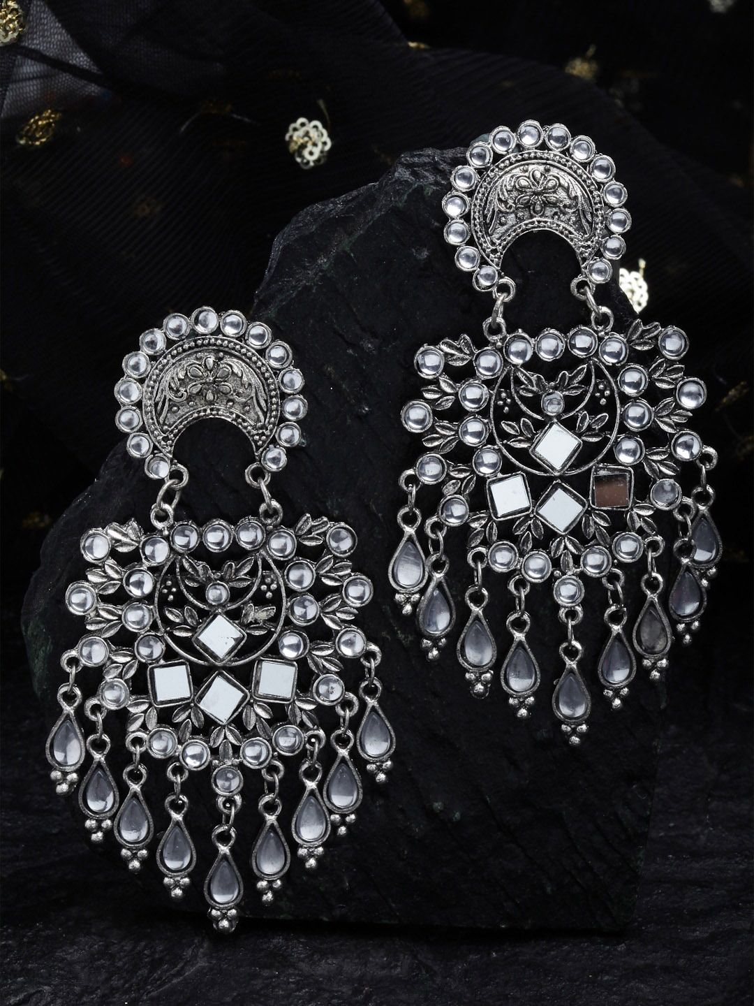 Shining Diva Silver-Toned Oxidised Contemporary Drop Earrings Price in India