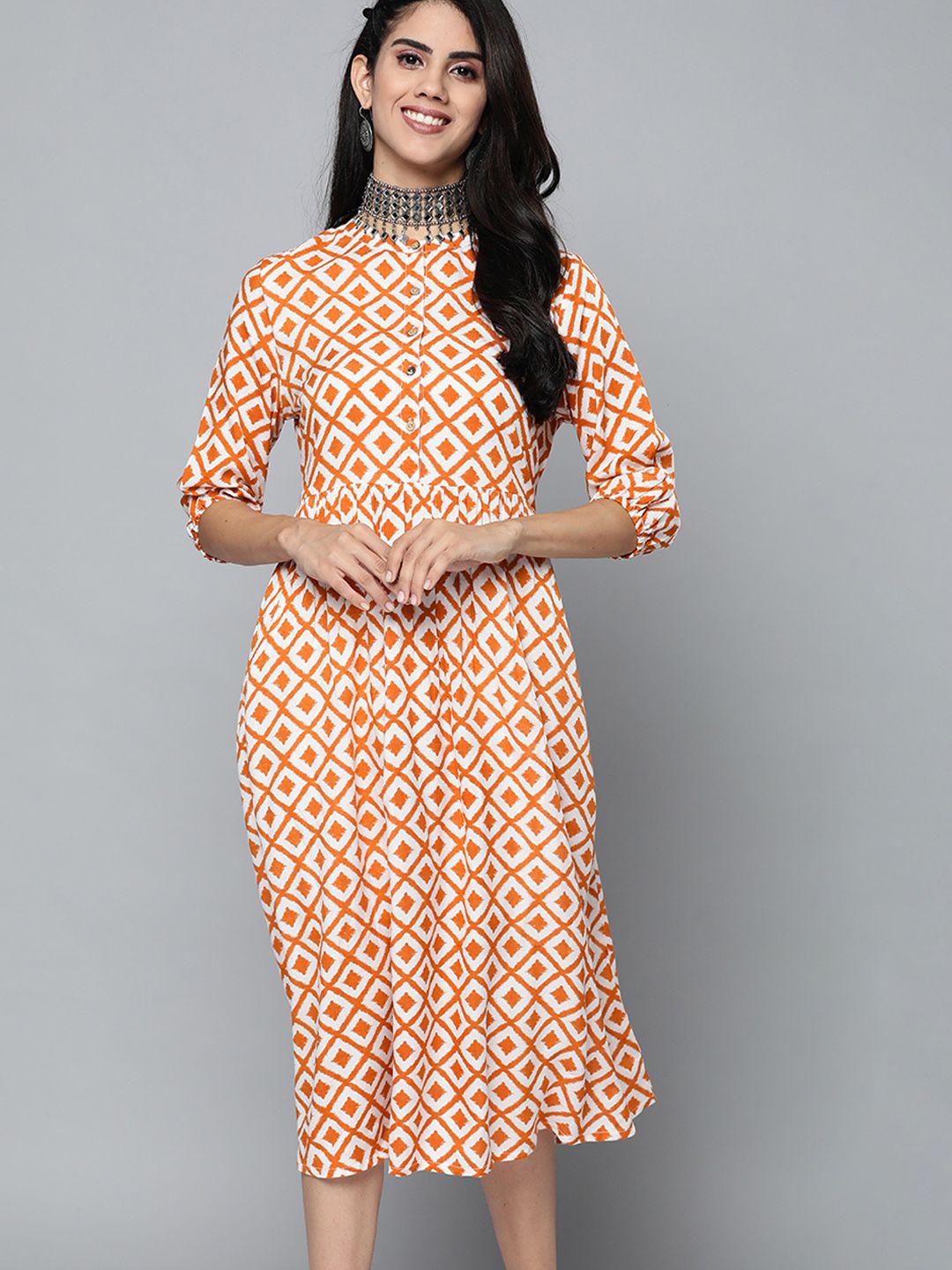 HERE&NOW White & Mustard Brown Printed Ethnic A-Line Midi Dress Price in India