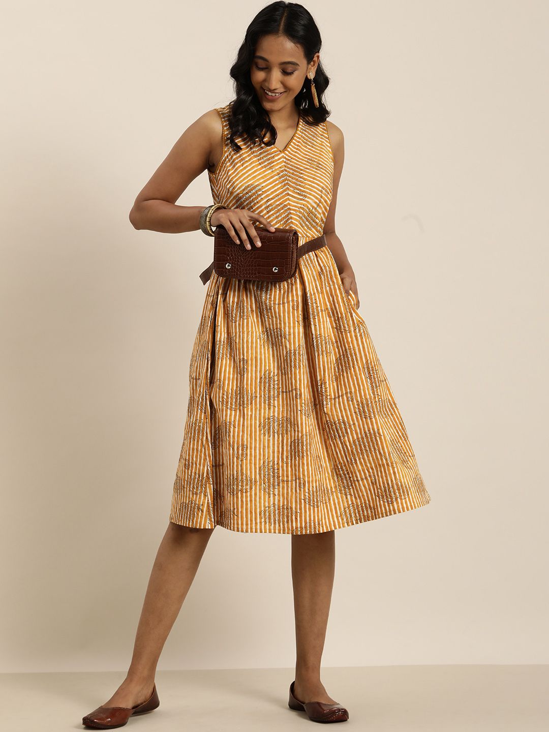 Taavi Yellow & White Bagru Fossil Print Pure Cotton Sustainable A-Line Dress with Pocket Price in India