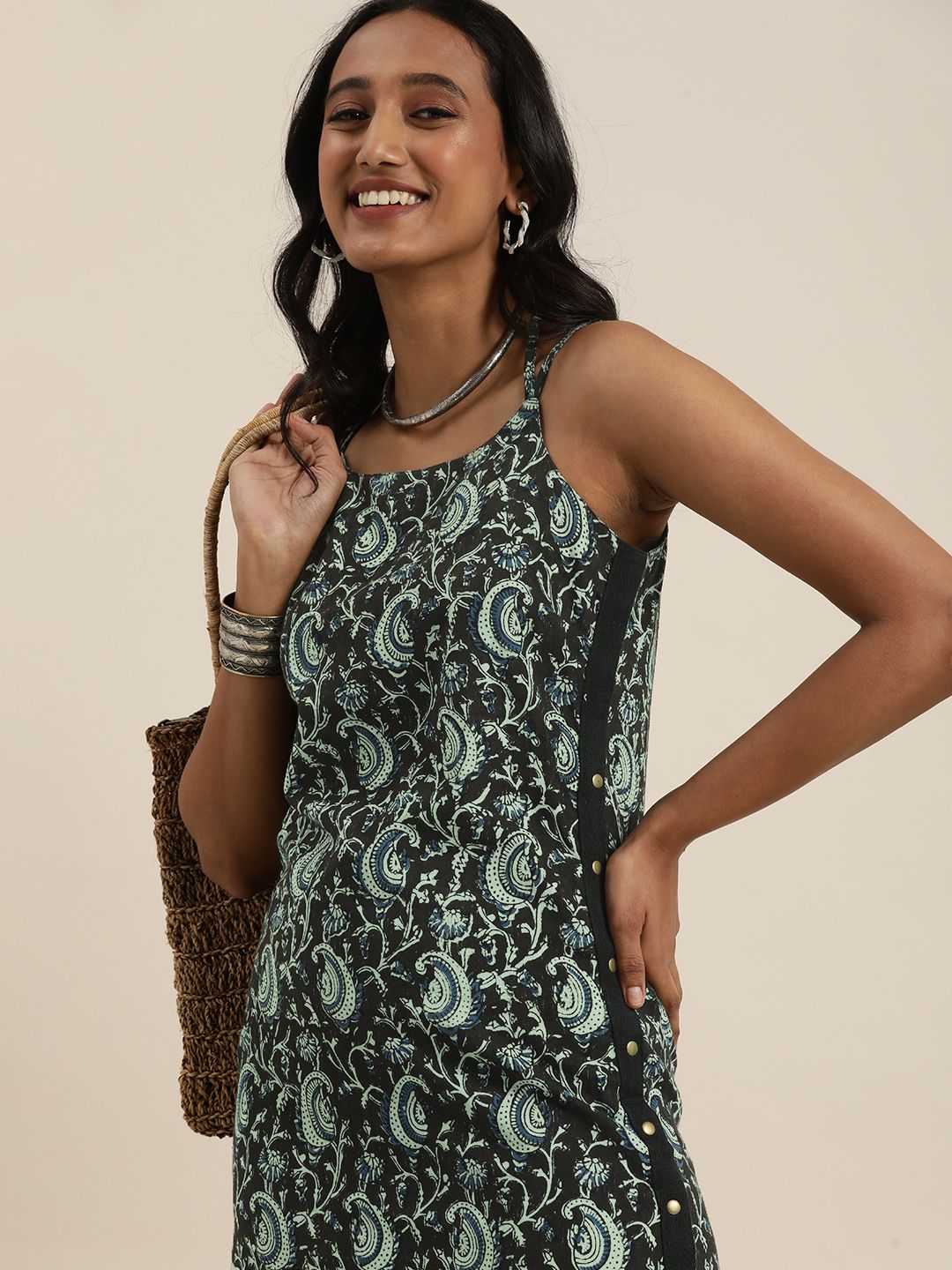 Women Black And Blue Block Print Legacy A-Line Sleeveless Dress With Stylish Back Price in India