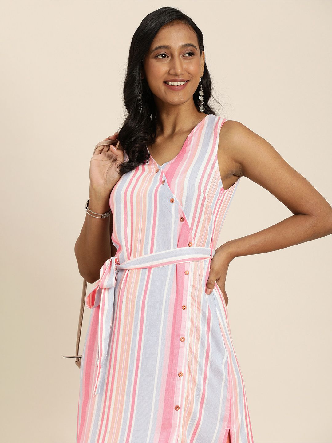 Taavi Pink & Blue Woven Legacy Candy Stripes V-Neck Pure Cotton Belted Wrap Midi Dress Price in India