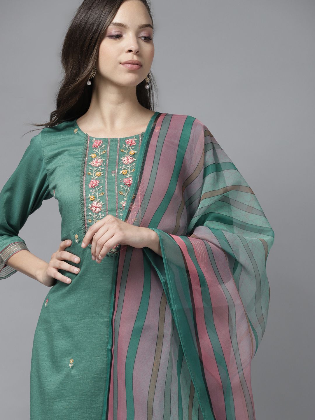 Indo Era Women Sea Green Floral Embroidered Regular Kurta with Trousers & With Dupatta Price in India