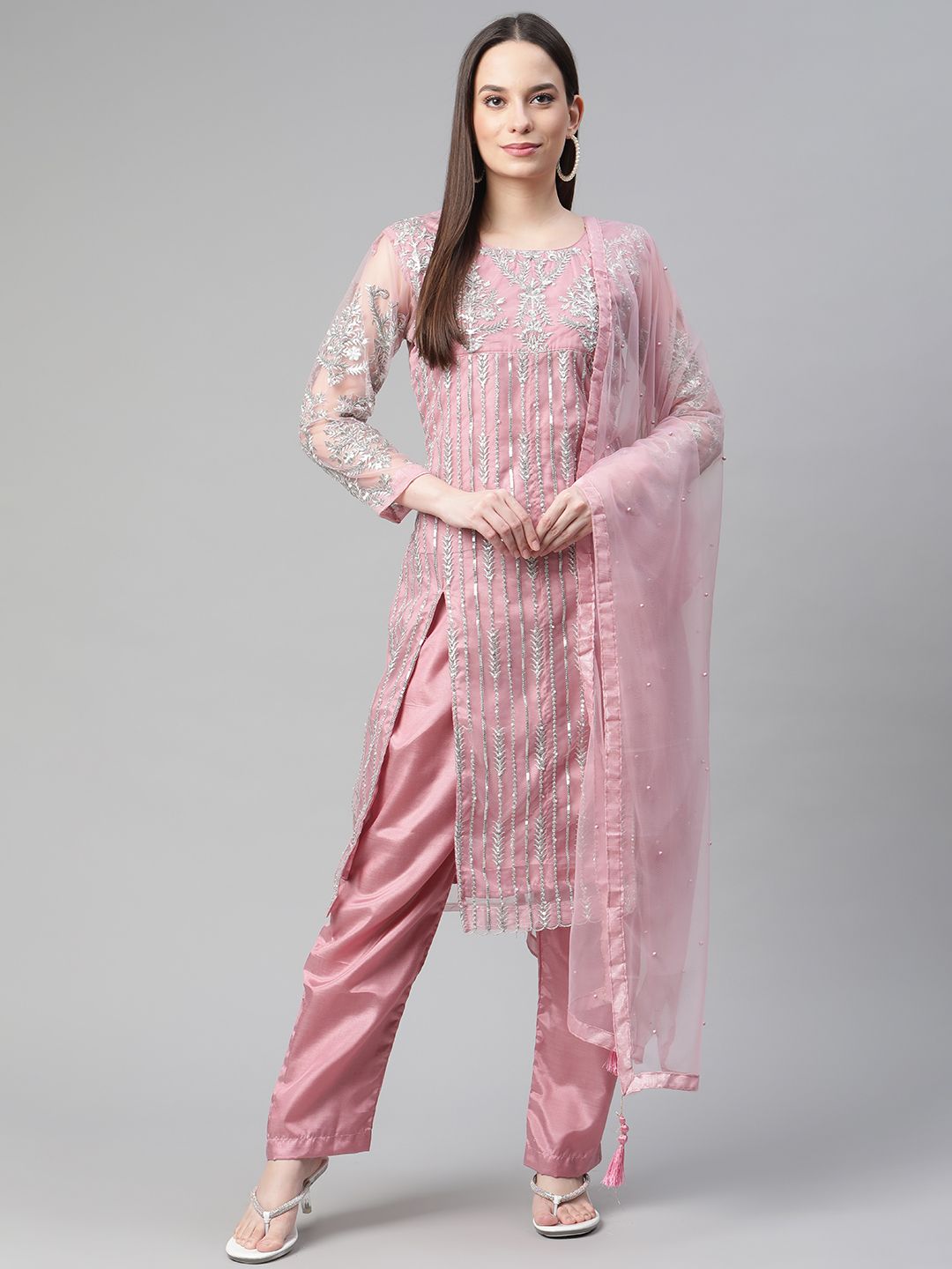 Readiprint Fashions Pink Embroidered Unstitched Dress Material Price in India