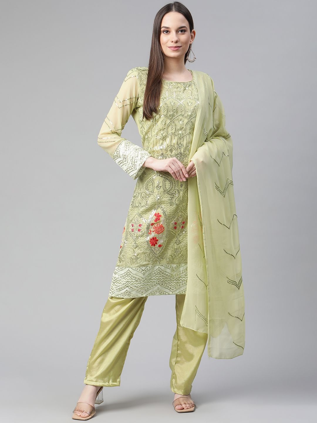 Readiprint Fashions Green Embroidered Unstitched Dress Material Price in India