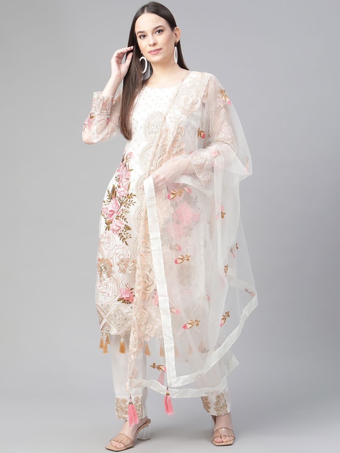 Readiprint Fashions White Embroidered Unstitched Dress Material Price in India