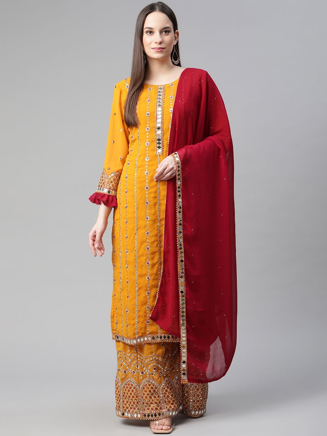 Readiprint Fashions Mustard Embroidered Semi-Stitched Dress Material Price in India