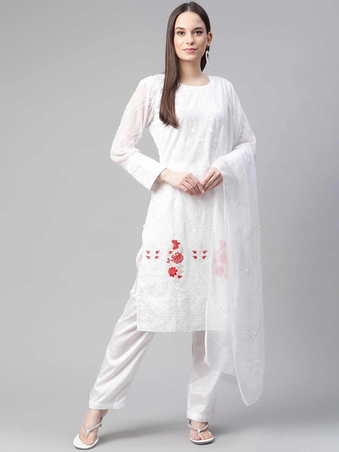 Readiprint Fashions White Embroidered Unstitched Dress Material Price in India