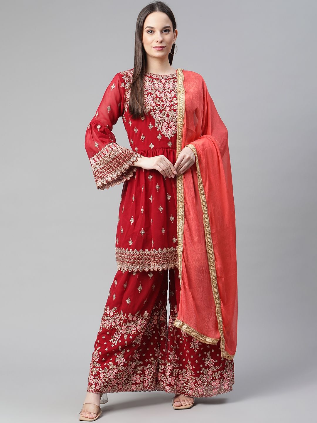 Readiprint Fashions Maroon & Coral Embroidered Semi-Stitched Dress Material Price in India