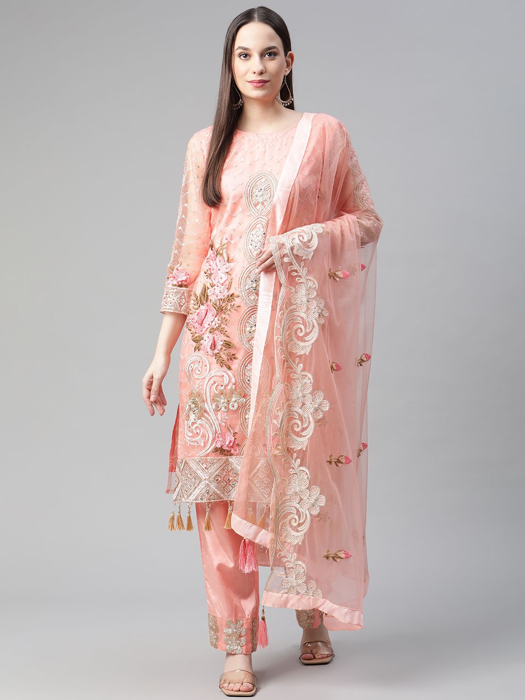 Readiprint Fashions Pink Embroidered Unstitched Dress Material Price in India