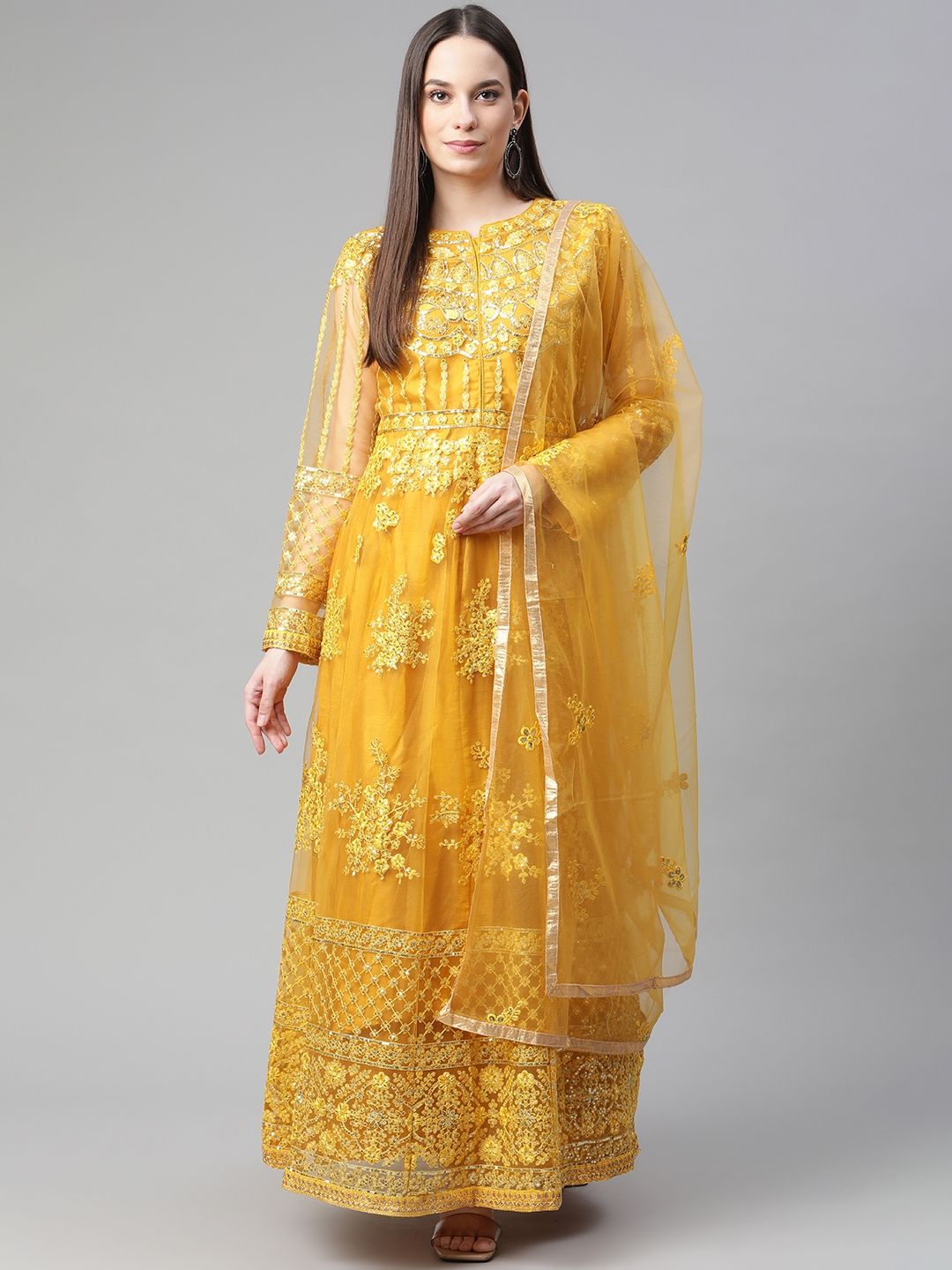 Readiprint Fashions Yellow Embroidered Unstitched Dress Material Price in India