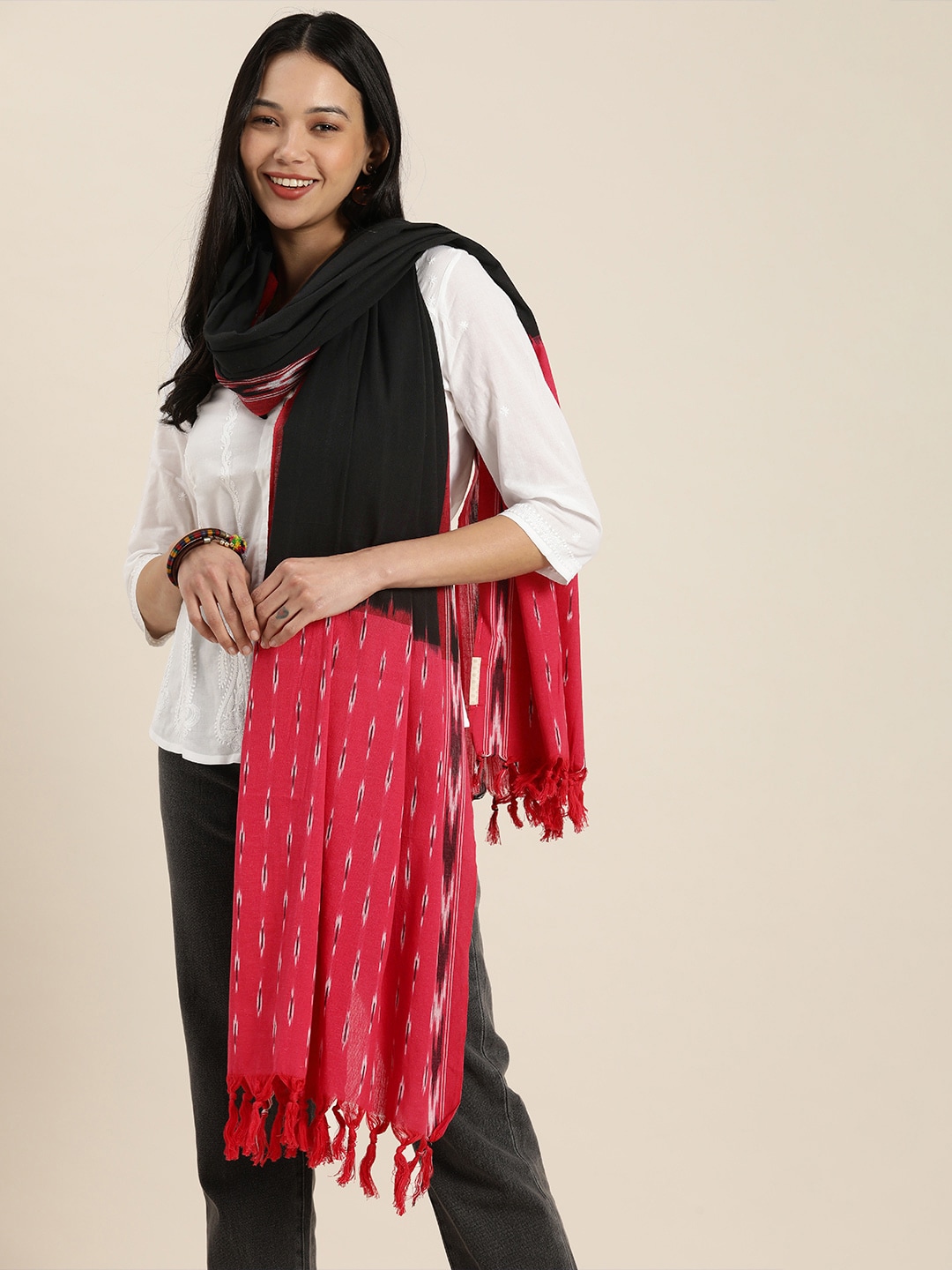 Taavi Black & Red Dyed Pure Cotton Ikat Dupatta Price in India