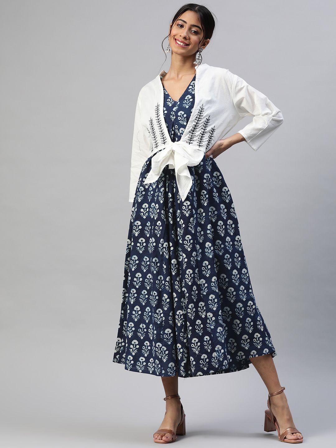 Hatheli Indigo Blue Motifs Cotton A-Line Midi Dress with Shrug Price in India