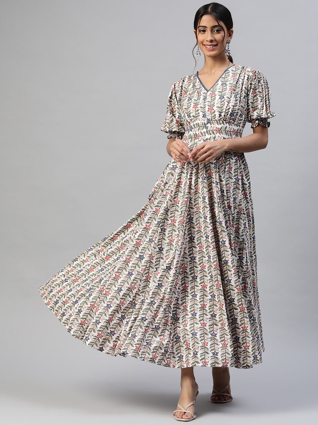 Hatheli Multicoloured Pure Hand Block Cotton Floral Maxi Dress Price in India