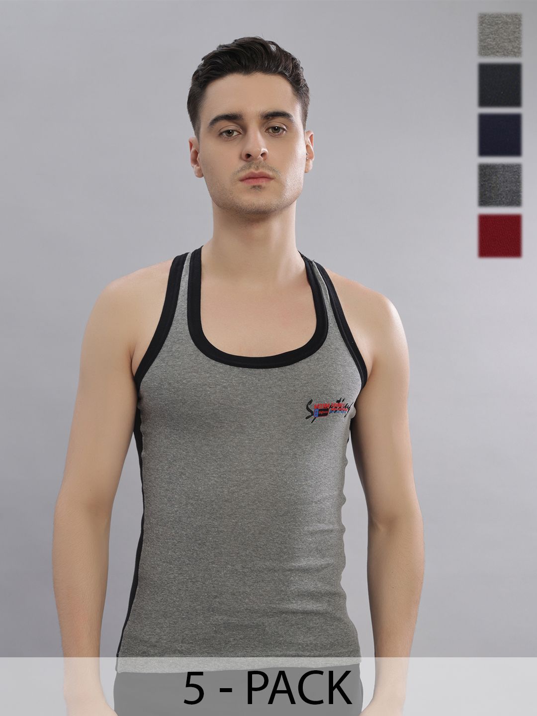 Dollar Bigboss Men Solid Pack of 5 Cotton Racerback Styled Gym Vest