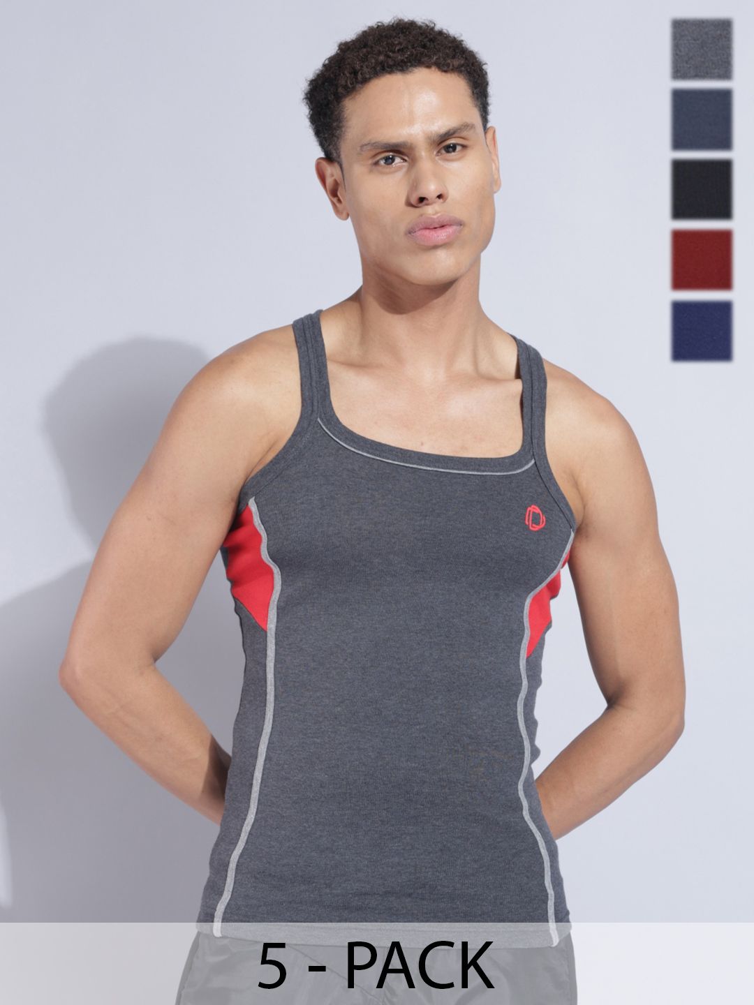 Dollar Bigboss Men Solid Pack of 5 Cotton Racerback Styled Gym Vest