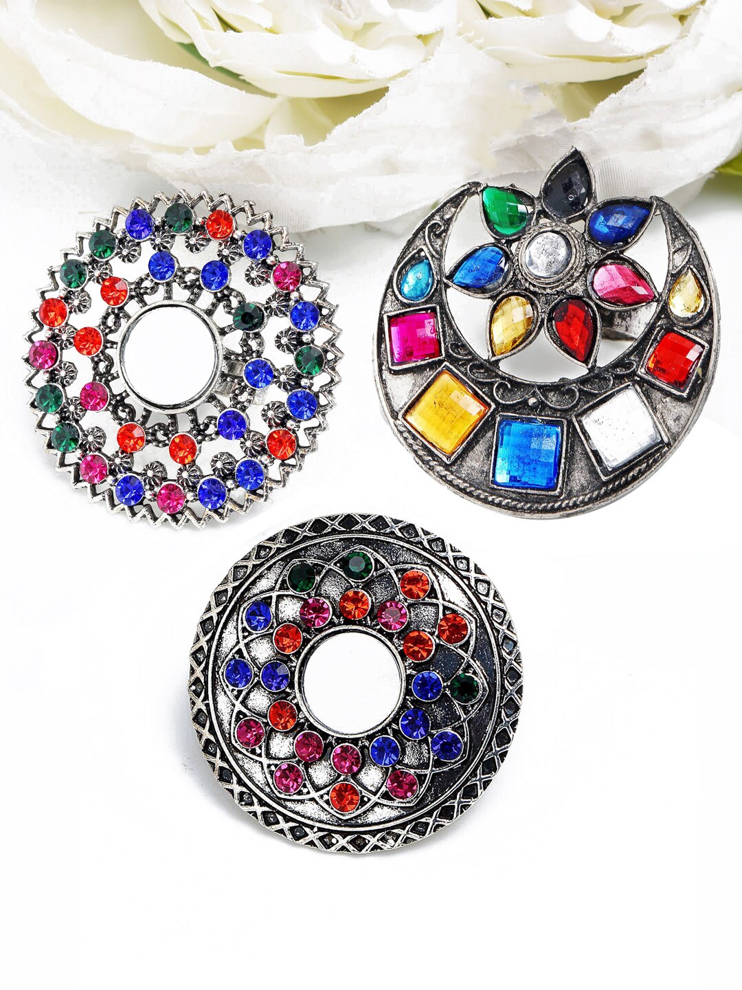 YouBella Set Of 3 Oxidised Silver-Plated Red & Green Stone-Studded Finger Rings Price in India