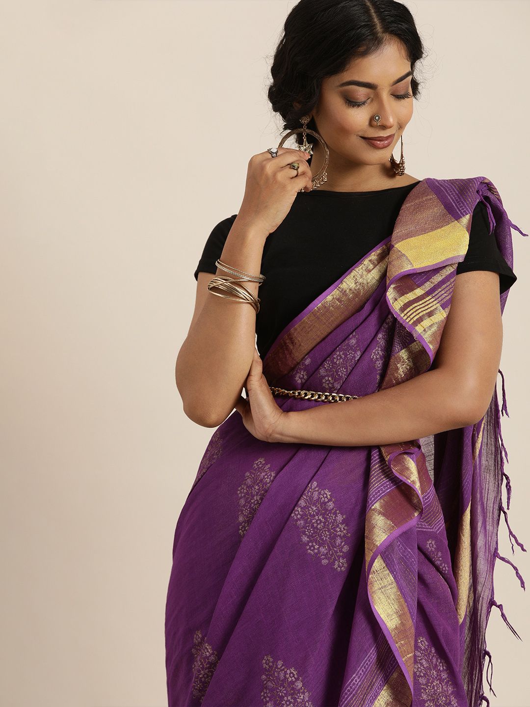 Taavi Purple & Gold Festive Gold Khadi Print Sustainable Saree