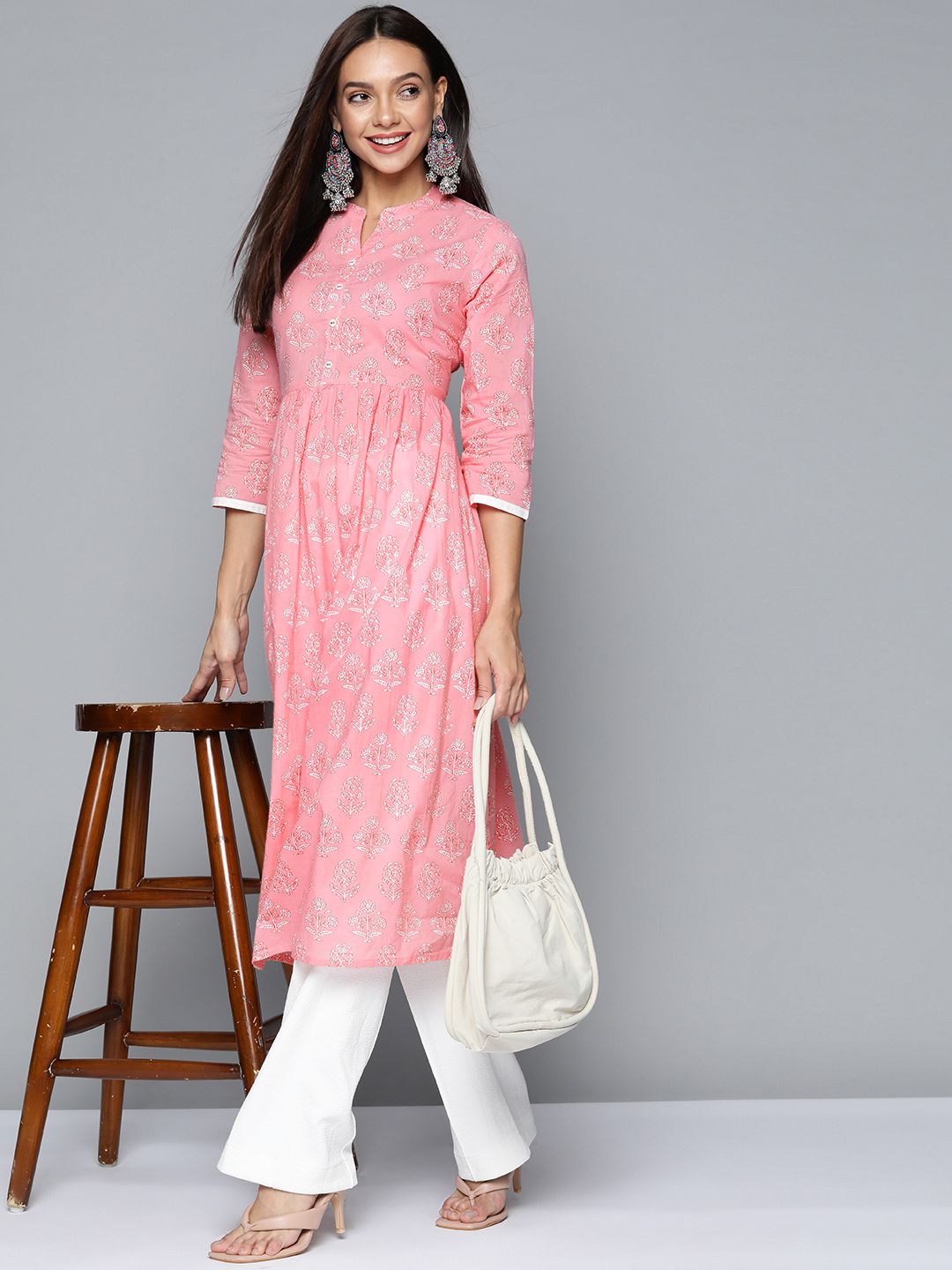 HERE&NOW Women Pink & White Pure Cotton Floral Printed Kurta Price in India