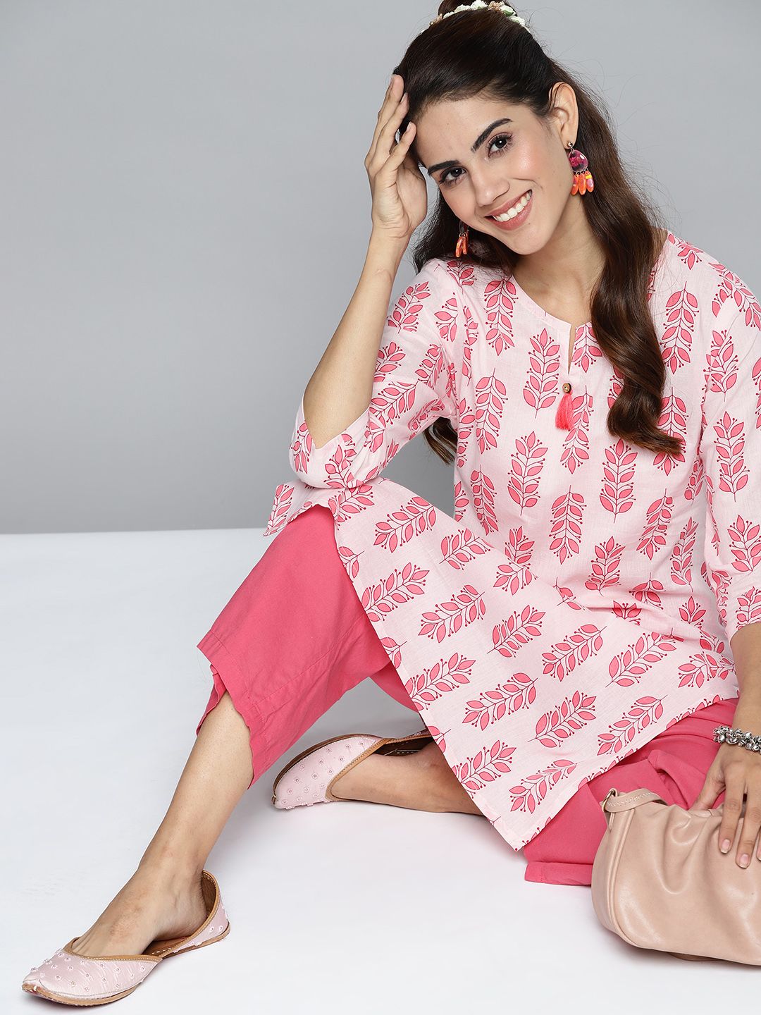 HERE&NOW Women Pink Ethnic Motifs Printed Pure Cotton Kurta Price in India