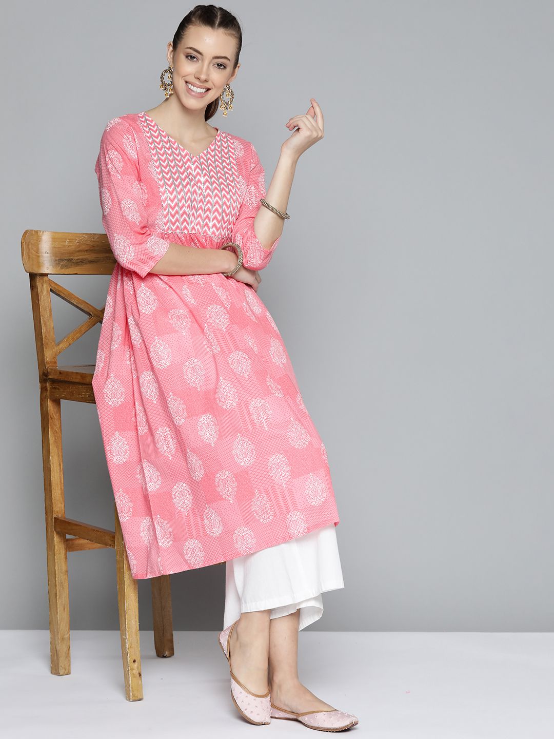 HERE&NOW Women Pink & White Ethnic Motifs Printed Gotta Patti Pure Cotton Kurta Price in India